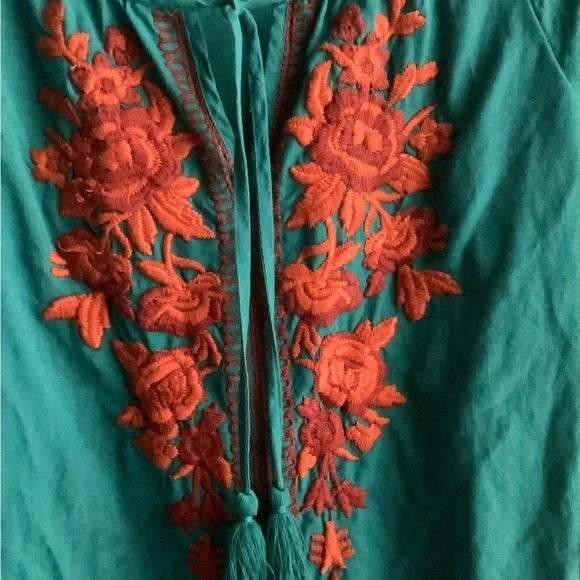 Linen Cotton Blend Teal Embroidered Women's dress Boho - Picture 3 of 5